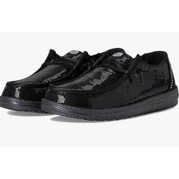 HEY DUDE Wendy Disco Black Sequin Slip On Flat Shoes 37 / 6 Womens - Picture 1 of 8